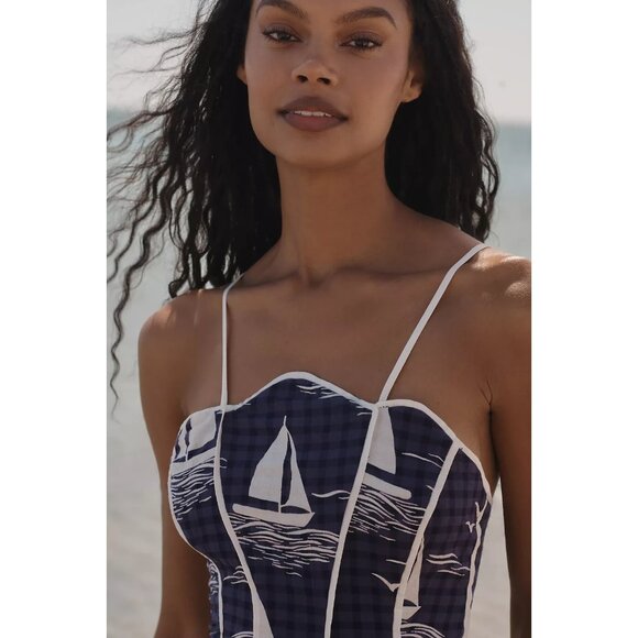 Anthropologie Celandine Scallop Piped Mini Dress Ship Print Nautical L - Picture 4 of 4